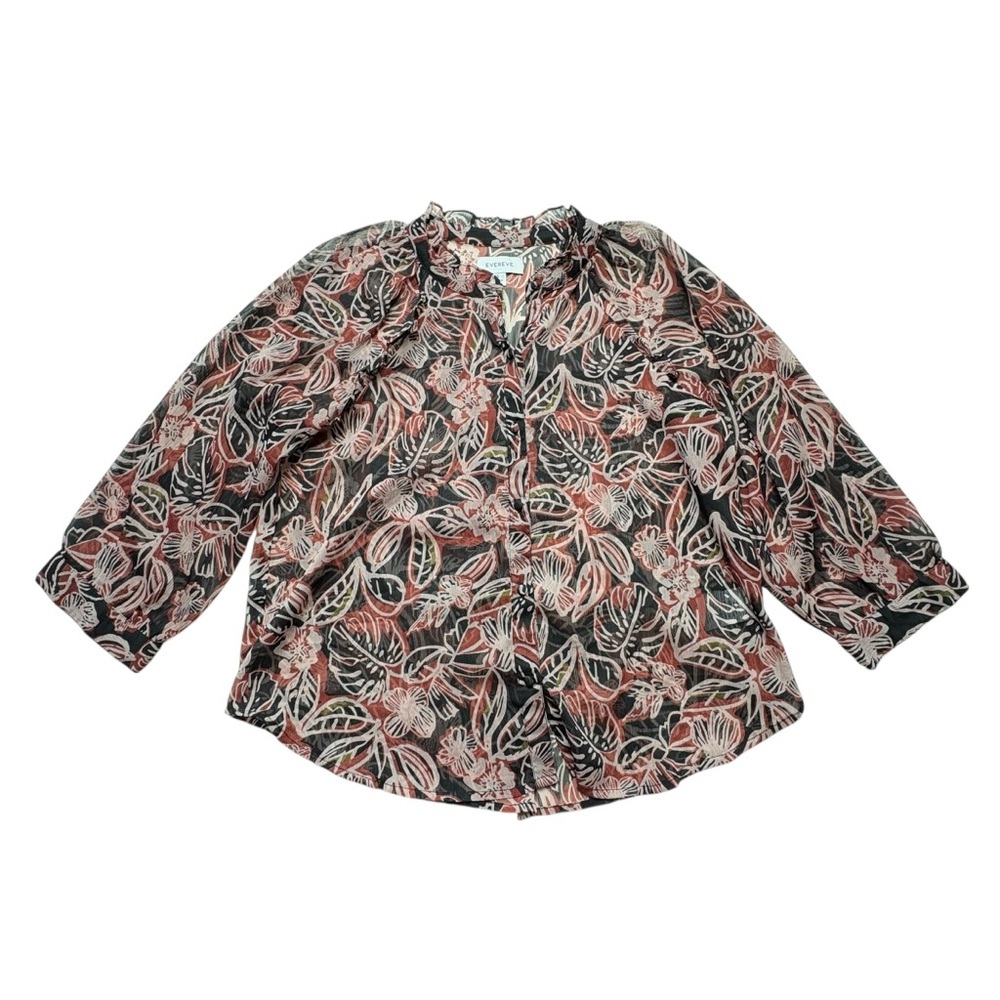 EVEREVE Floral Chiffon Ruffle Neck Blouse Size S Sheer 3/4 Sleeve Button Down - Picture 6 of 11